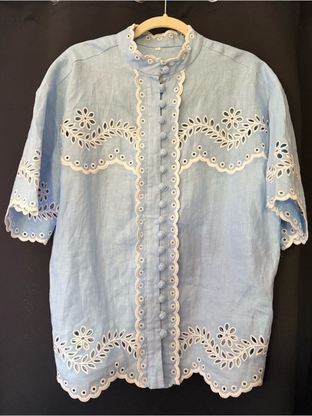 Light Blue Eyelet Embroidered Short-Sleeve Shirt